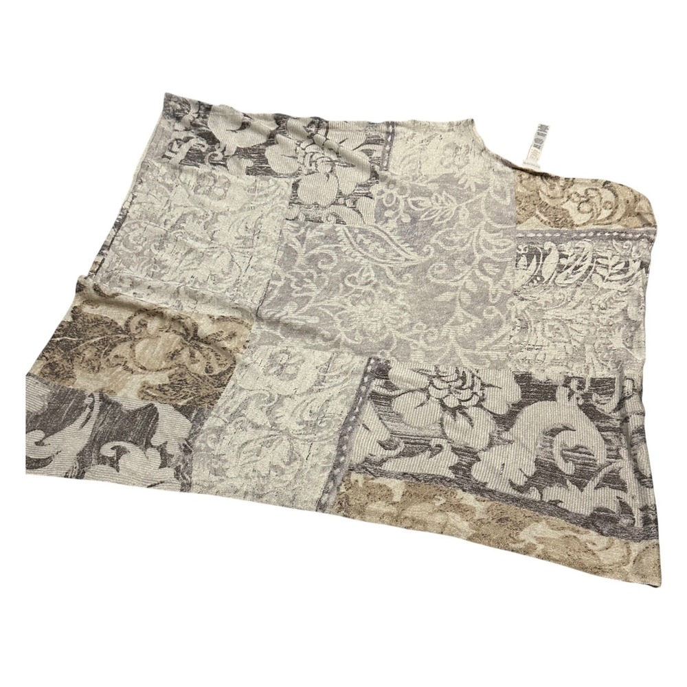 Chicos L/XL Metallic Floral Paisley Knit Poncho Asymmetrical Beige Gray